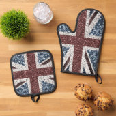 Rustieke Britse vlag rood blauw sprankelt glitters Ovenwant & Pannenlap Set (Top down)