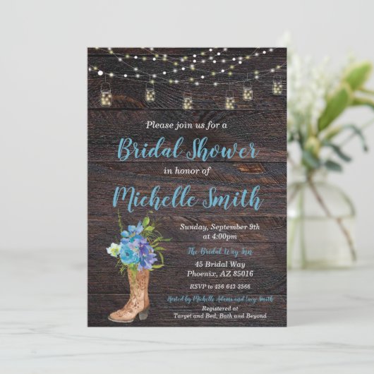 Rustieke Bruids Douche Uitnodiging, Boot, Blauwe B Kaart (Staand voorkant)