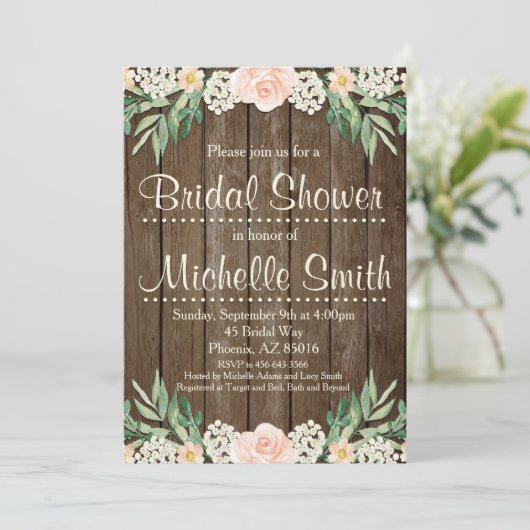 Rustieke Bruids Douche Uitnodiging, Kant, Bloemen Kaart (Staand voorkant)