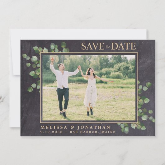 Rustieke bruiloft aangepaste eucalyptus groen foto save the date (Voorkant)