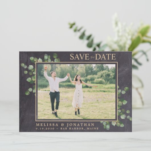 Rustieke bruiloft aangepaste eucalyptus groen foto save the date (Staand voorkant)