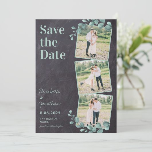 Rustieke bruiloft aangepaste foto collage leisteen save the date (Staand voorkant)