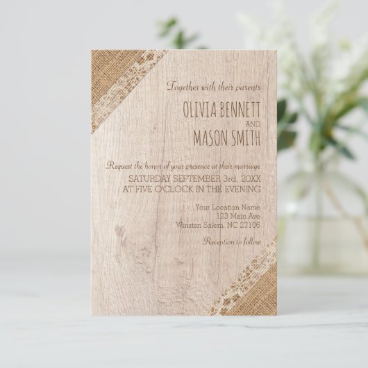 Rustieke bruiloft Beige White Wood Burlap Kaart (Staand voorkant)