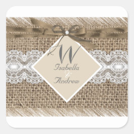 Rustieke Bruiloft Beige Wit Kant Burlap 2 Vierkante Sticker