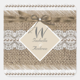 Rustieke Bruiloft Beige Wit Kant Burlap Vierkante Sticker