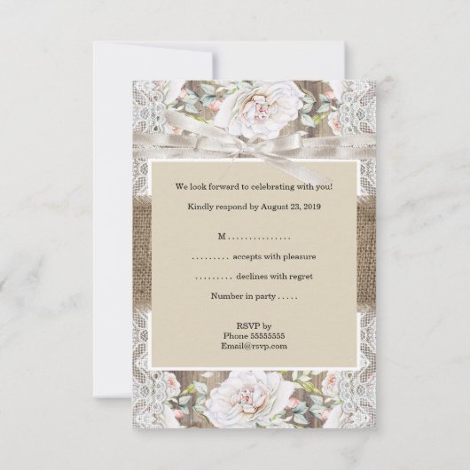 Rustieke Bruiloft Beige Wit Rozen Hout RSVP (Achterkant)
