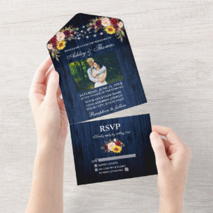 Rustieke bruiloft Blauw Hout Bloemen Lichten Foto All In One Uitnodiging