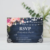 Rustieke Bruiloft Blauw Hout Bloemen Lichten Kant  RSVP Kaartje (Staand voorkant)