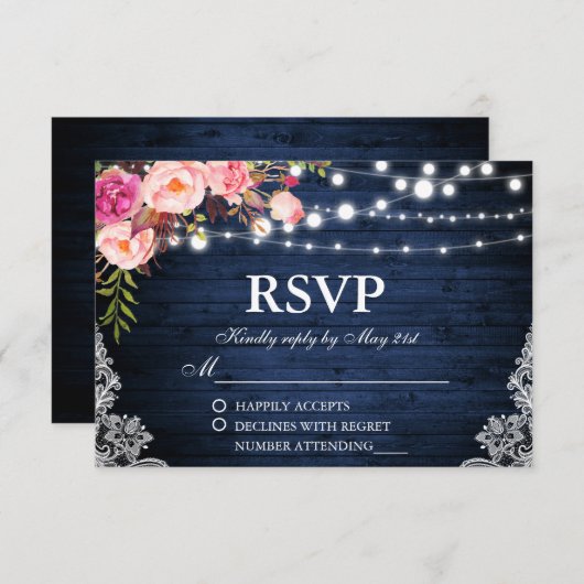 Rustieke Bruiloft Blauw Hout Bloemen Lichten Kant RSVP Kaartje (Voorkant / Achterkant)