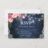 Rustieke Bruiloft Blauw Hout Bloemen Lichten Kruik RSVP Kaartje (Voorkant)