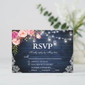 Rustieke Bruiloft Blauw Hout Bloemen Lichten Kruik RSVP Kaartje (Staand voorkant)