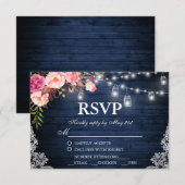 Rustieke Bruiloft Blauw Hout Bloemen Lichten Kruik RSVP Kaartje (Voorkant / Achterkant)