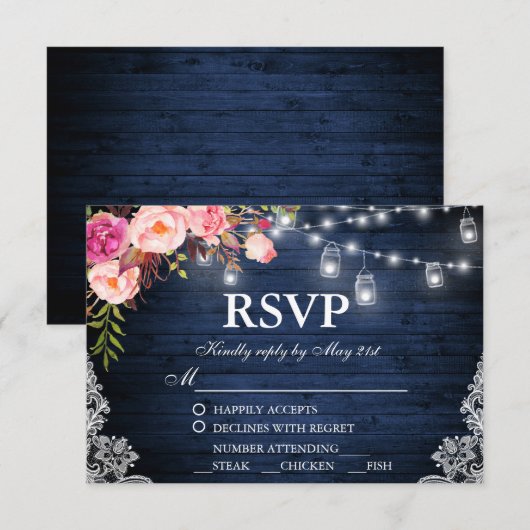 Rustieke Bruiloft Blauw Hout Bloemen Lichten Kruik RSVP Kaartje (Voorkant / Achterkant)