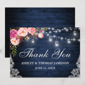 Rustieke Bruiloft Blauw Hout Roze Bloemen Jar Ligh Bedankkaart (Voorkant / Achterkant)