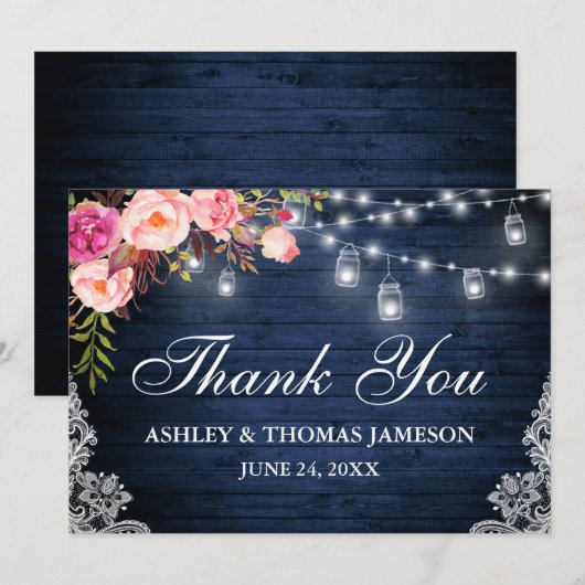 Rustieke Bruiloft Blauw Hout Roze Bloemen Jar Ligh Bedankkaart (Voorkant / Achterkant)