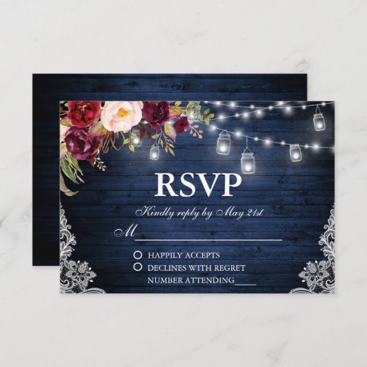 Rustieke Bruiloft Blauw Houten Lichten Kruiken Blo RSVP Kaartje (Voorkant / Achterkant)