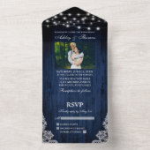 Rustieke Bruiloft Blauw Houten Strijklichten Kant  All In One Uitnodiging (Binnen)