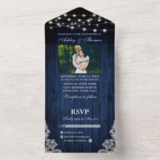 Rustieke Bruiloft Blauw Houten Strijklichten Kant  All In One Uitnodiging (Binnen)