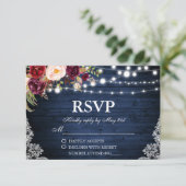 Rustieke Bruiloft Blauwe Houten Lichten Kant Bloem RSVP Kaartje (Staand voorkant)