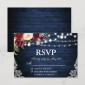 Rustieke Bruiloft Blauwe Houten Lichten Kant Bloem RSVP Kaartje (Voorkant / Achterkant)