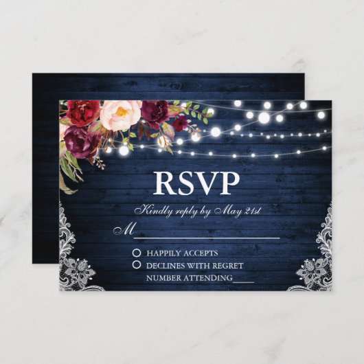 Rustieke Bruiloft Blauwe Houten Lichten Kant Bloem RSVP Kaartje (Voorkant / Achterkant)