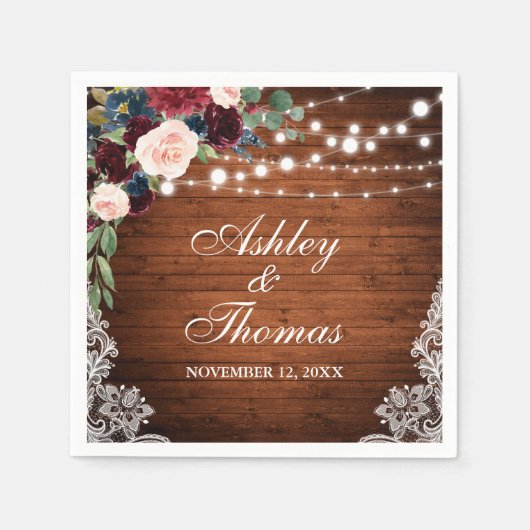 Rustieke bruiloft Bourgondië Blauw Bloemen Kant Servet (Voorkant)