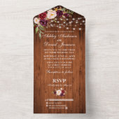 Rustieke bruiloft Bourgondische bloemenhouten stri All In One Uitnodiging (Binnen)