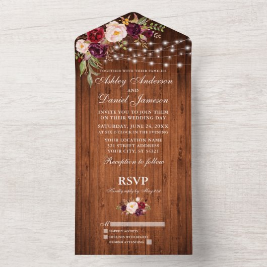 Rustieke bruiloft Bourgondische bloemenhouten stri All In One Uitnodiging (Binnen)