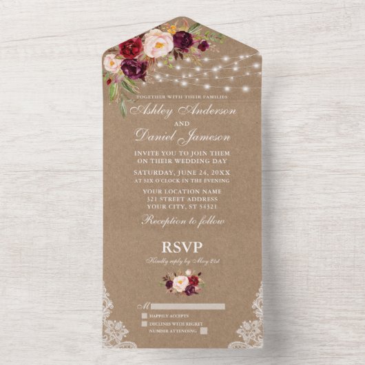 Rustieke bruiloft Bourgondische bloemverlichting L All In One Uitnodiging (Binnen)