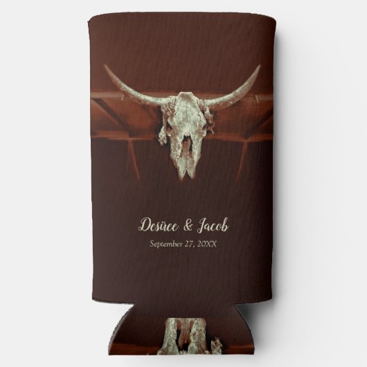 Rustieke Bruiloft Bruin Western Bull Skull Land Seltzer Blikjeskoeler (Achterkant)