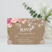Rustieke bruiloft Burlap Floral Lights Jars Lace R RSVP Kaartje (Staand voorkant)