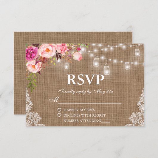 Rustieke bruiloft Burlap Floral Lights Jars Lace R RSVP Kaartje (Voorkant / Achterkant)