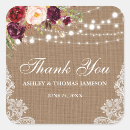 Rustieke bruiloft Burlap Lace Floral Dank u B Vierkante Sticker