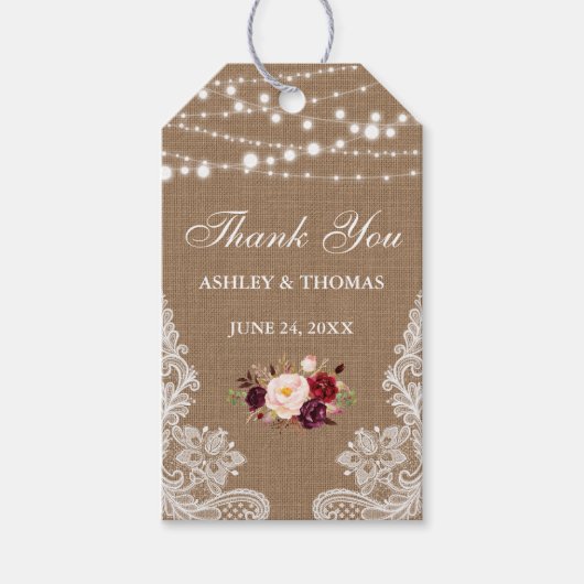 Rustieke bruiloft Burlap Lace Floral Dank u Cadeaulabel (Voorkant)