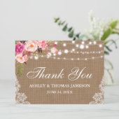 Rustieke bruiloft Burlap Lights Kant Bloemen Bedan Bedankkaart (Staand voorkant)