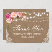 Rustieke bruiloft Burlap Lights Kant Bloemen Bedan Bedankkaart (Voorkant / Achterkant)