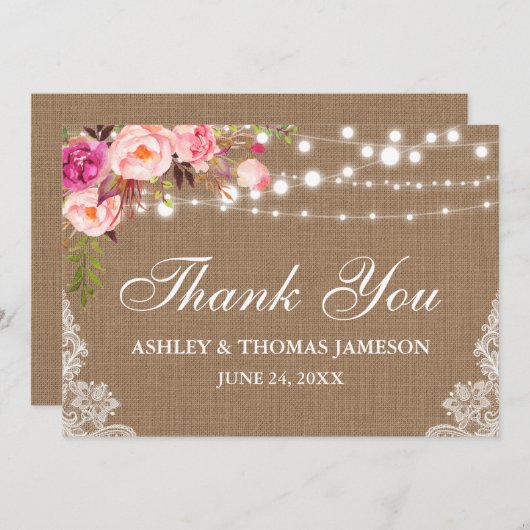 Rustieke bruiloft Burlap Lights Kant Bloemen Bedan Bedankkaart (Voorkant / Achterkant)