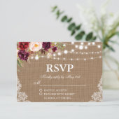 Rustieke bruiloft Burlap Lights Kant Floral RSVP-k RSVP Kaartje (Staand voorkant)
