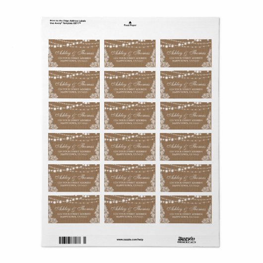 Rustieke bruiloft burlap string lampjes kant adres etiket (Full Sheet)