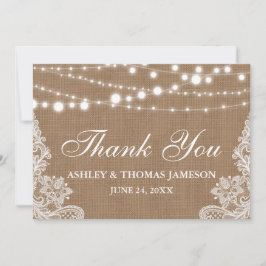 Rustieke bruiloft burlap string lampjes kant dank  bedankkaart