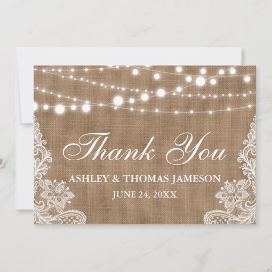 Rustieke bruiloft burlap string lampjes kant dank bedankkaart (Voorkant)