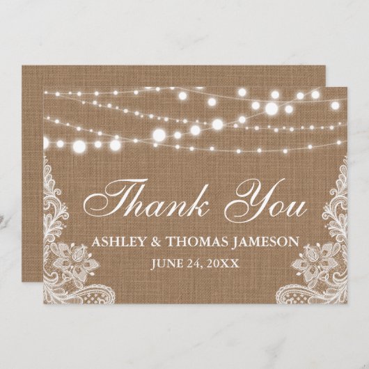 Rustieke bruiloft burlap string lampjes kant dank bedankkaart (Voorkant / Achterkant)