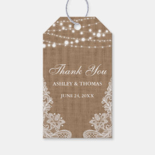 Rustieke bruiloft burlap string lampjes kant dank cadeaulabel