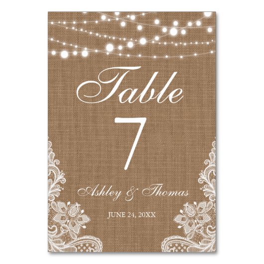 Rustieke bruiloft burlap string lampjes kanten taf kaart (Voorkant)