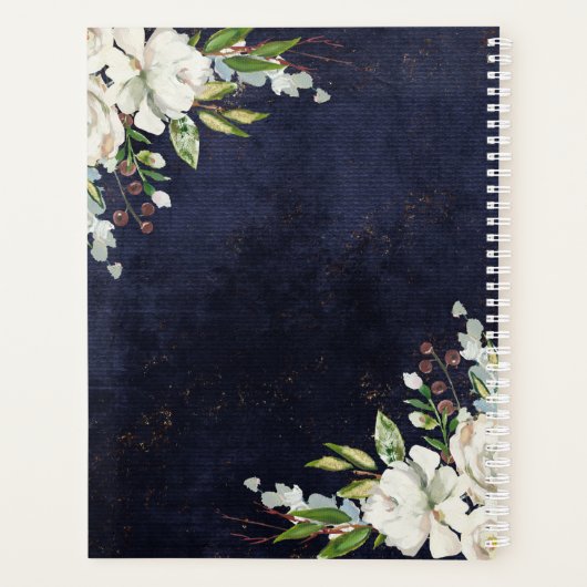 Rustieke bruiloft chique bloemenmarine blauw planner (Achterkant)