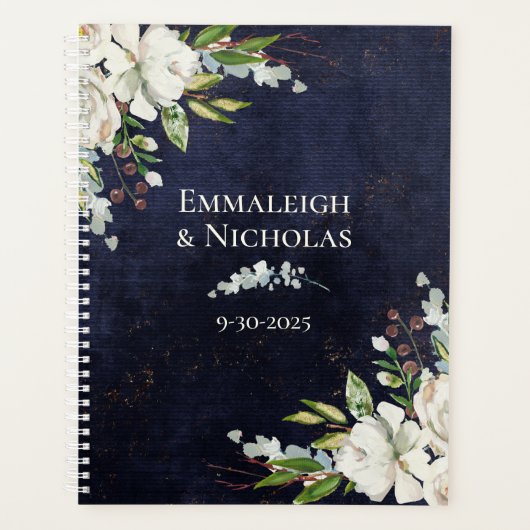 Rustieke bruiloft chique bloemenmarine blauw planner (Voorkant)
