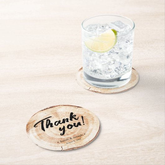 Rustieke bruiloft dank u houtnerf gunst ronde kartonnen onderzetter (Insitu)