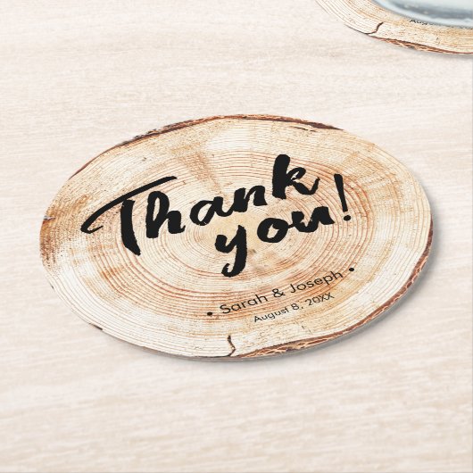 Rustieke bruiloft dank u houtnerf gunst ronde kartonnen onderzetter (Gebogen)