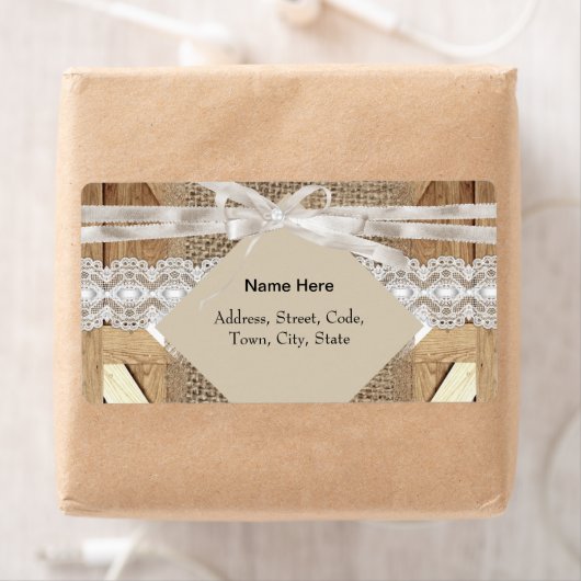 Rustieke bruiloft deur beige witte kant hout jute etiket (Insitu)