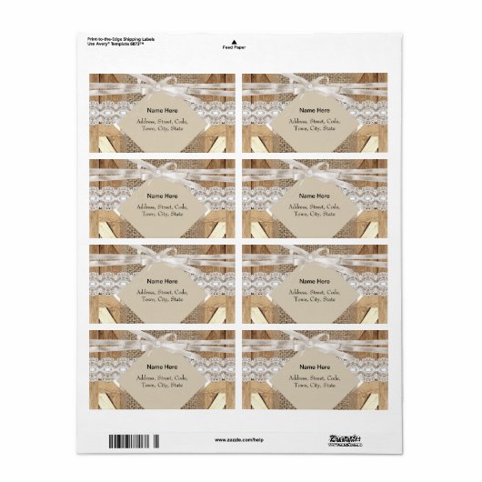 Rustieke bruiloft deur beige witte kant hout jute etiket (Full Sheet)